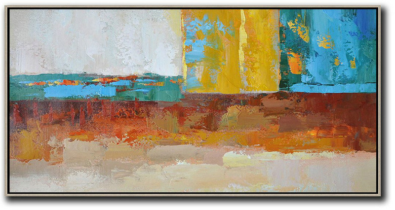 Extra Large 72" Acrylic Painting,Horizontal Palette Knife Contemporary Art,Large Wall Art Canvas White,Yellow,Red,Blue,Brown